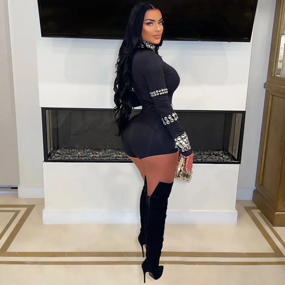 HBLL ملابس نسائية قطعة واحدة بدلة رومبير ضيقة مثيرة بأكمام طويلة نحيلة لحفلات النادي بأحجار الراين بدلة لعب كريستالية