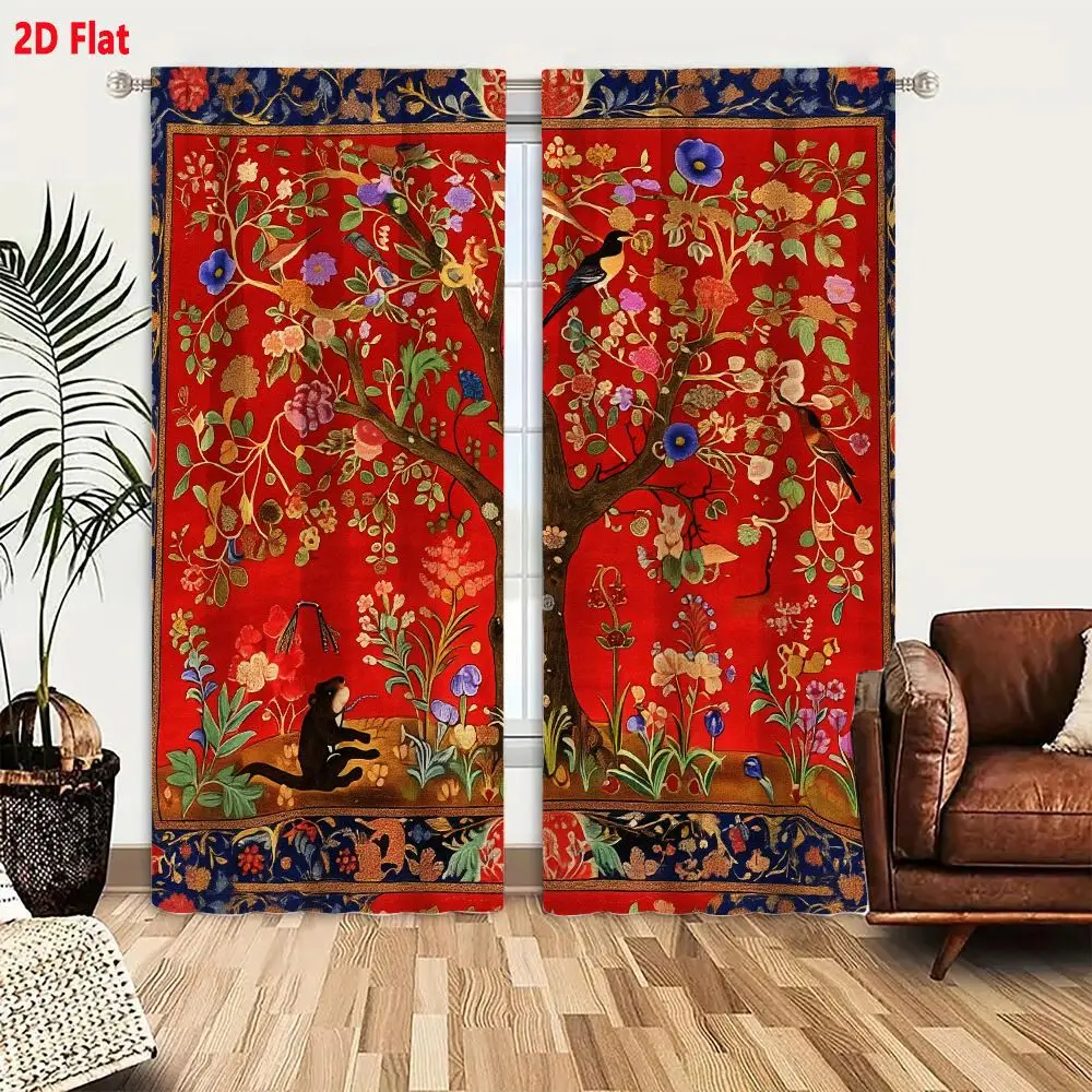 2Pcs Curtains 2D Flat Nature-Themed Artwork Ornate Tapestry with Stylized Tree Colorful Birds and Monkey on Deep Red Background