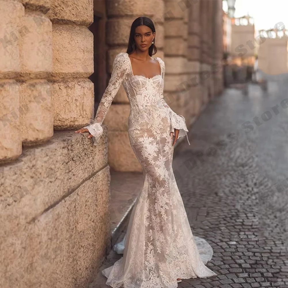 

Sexy Women's Square Neck Bridal Gowns Gorgeous Trumpet Sleeves Princess Lace Wedding Dresses Ball Party customized Bride Dress