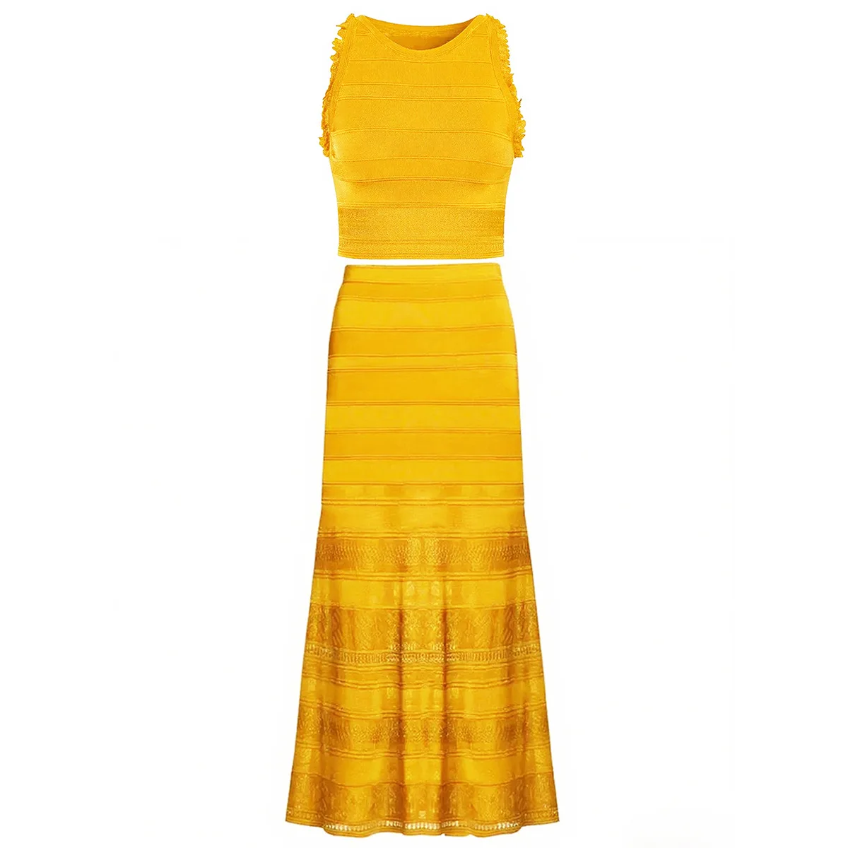 

Elegant Style Lady Summer Vintage Solid Casual O-neck Sleeveless Tops Long Skirt Women Knit Hollow Out Ruffles 2-piece Set