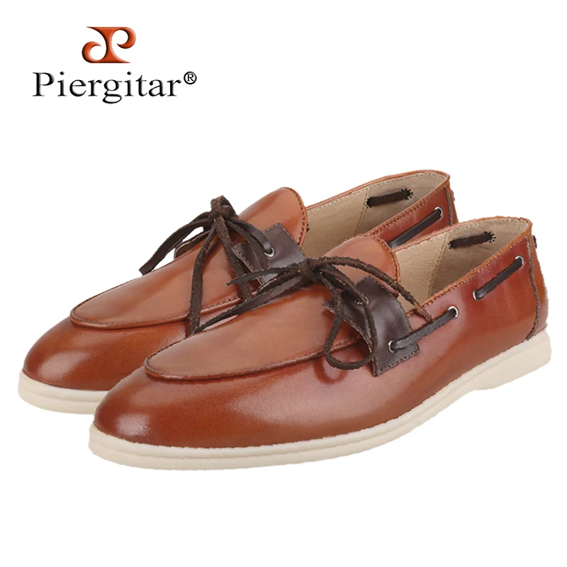 Piergitar 2025 Italy Imported Brown Calfskin Summer Walk Loafers With Handcrafted Leather Rope Slip-On Men's Casual Footwear
