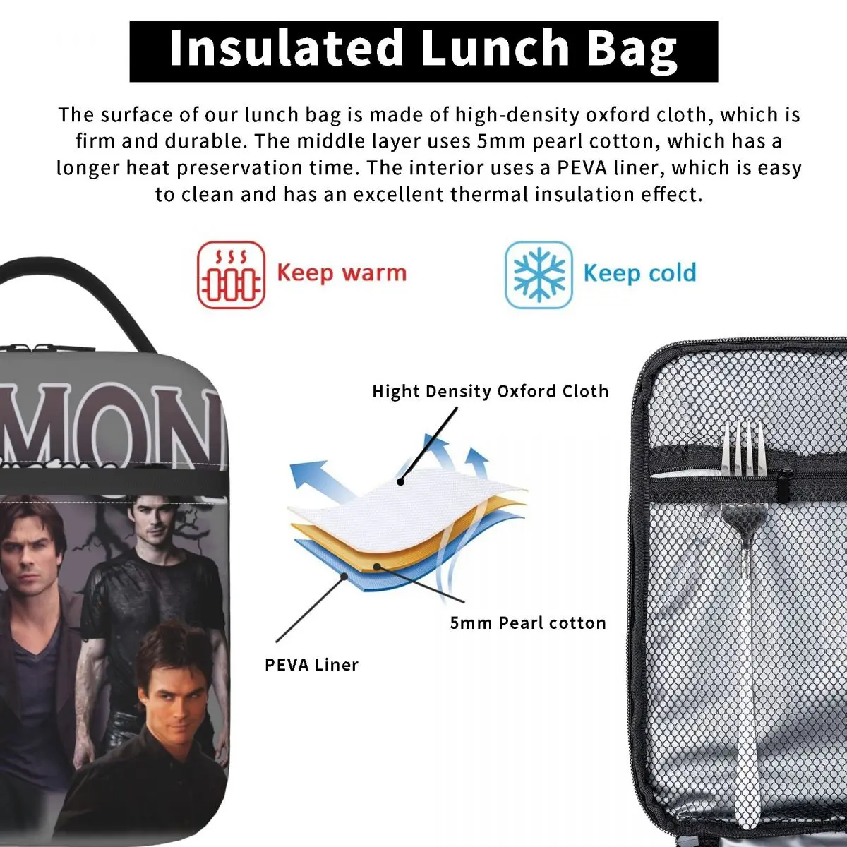 Damon Salvatore Insulated Lunch Bags Thermal Bag Reusable The Vampire Diaries Ian Somerhalder Tote Lunch Box Bento Pouch Outdoor