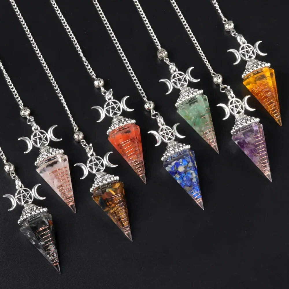 Natural Stone Crystal Pendulum Three Phases Moon Hexagonal Cone Amethysts Charms for Jewelry Making DIY Necklace Accessories