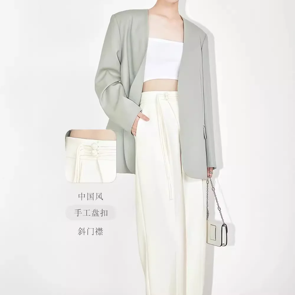 High Quality Women New Beige Wide Leg Trousers Pan Buckle Chinese Design High Waist Straight Leg Fashion Suit Pantslity