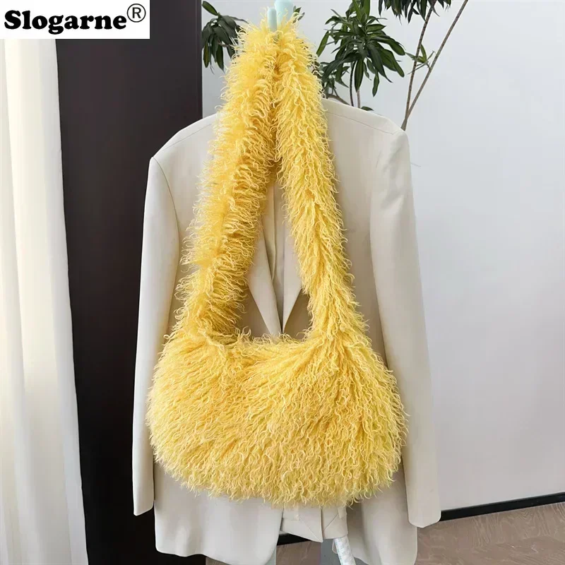 Women Y2K Fashion Long Fur Wool Bags Beach Faux Wool Fur Shoulder Bag Ladies Faux Furs Handbag Luxury Mongolian Crossbody Bags