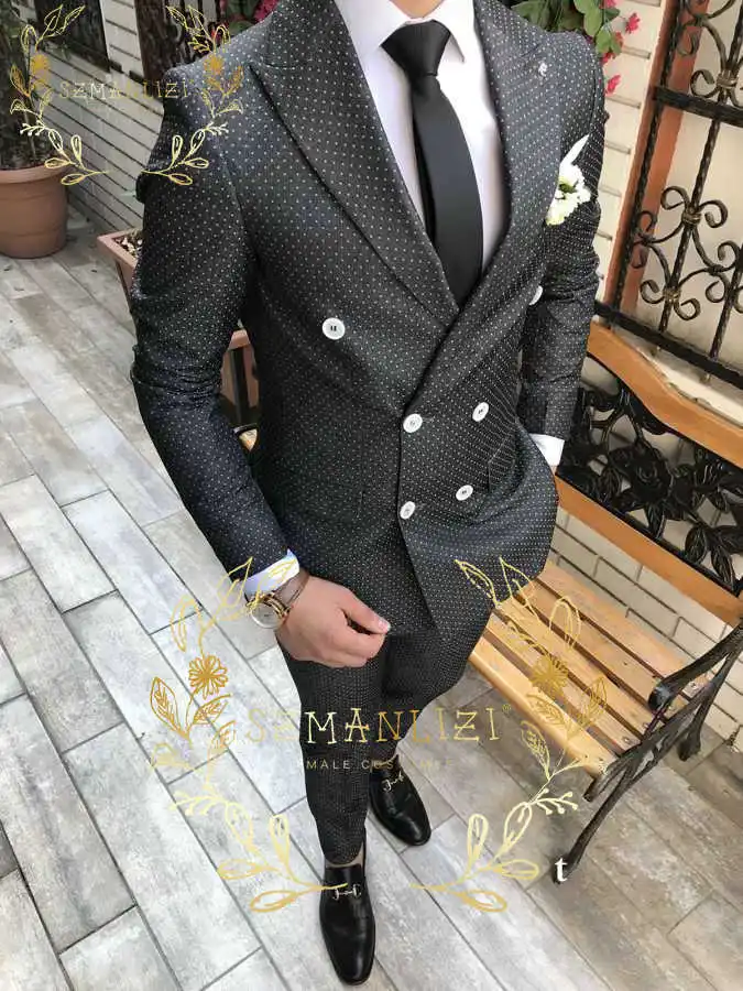 

SZMANLIZI Black Dots Suits For Men Tailor Made Double Breasted Groom Wedding Suit Tuxedos Formal Party Business Blazer Pants Set