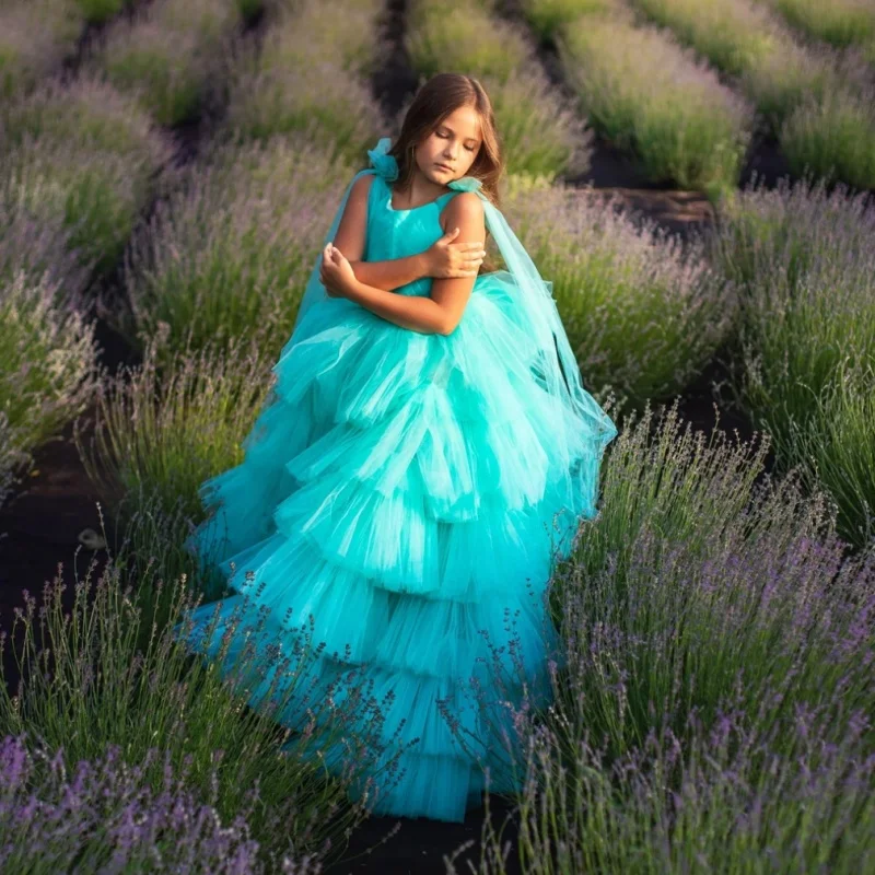 Custom Flower Girl Dresses Halter Neck Shoulder Bow Front Cutout Voluminous Multi-Layer Fluffy Ruffle Tulle Floor Length