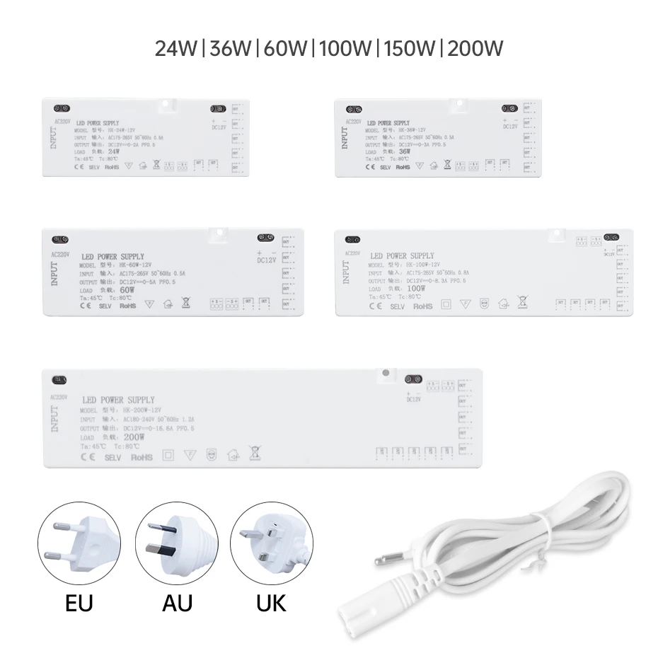 

LED Lighting Transformer DC12V 24V 24W-200W EU AU UK Power Supply Dupont Port LED Strip Driver DIY Home Cabinet Closet Light