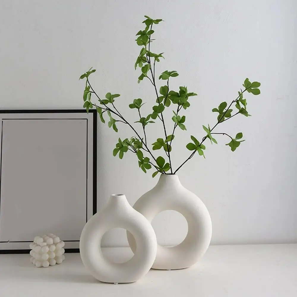 Imitation Ceramic Pure White Vase Decorative Vasen Single Branch Flower Arranging Ornament Table Decor Donut Design Flowerpot