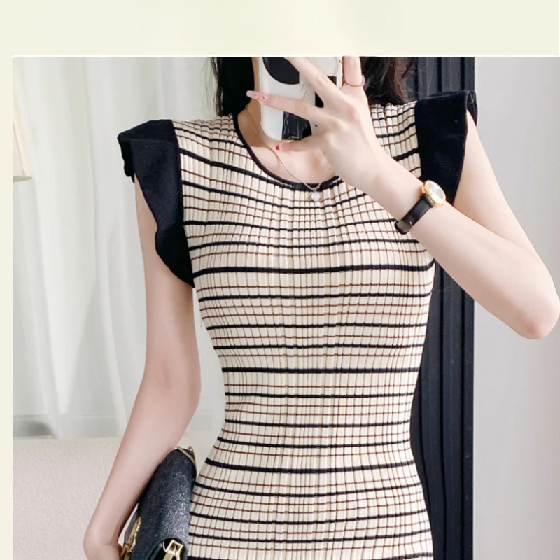 Formal Dress Striped Ruffle Sleeveless Vest Long Fishtail Dress 2023 Summer Fashion Elegant Slim Bodycon Party Club Dress Q193