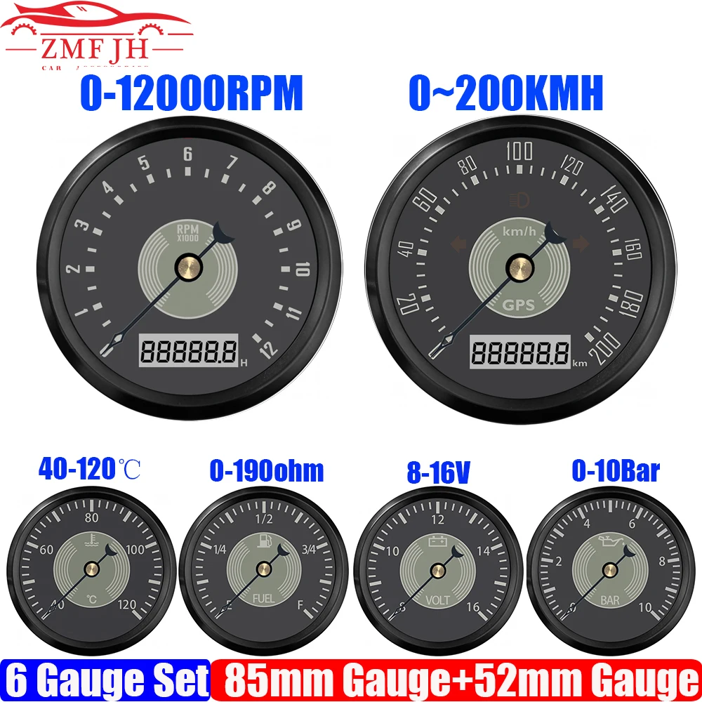 

ZMFJH Ретро Винтаж 6 Калибр Набор 85 мм GPS Спидометр Тахометр 8000 ~ 12000 об/мин 52 мм Уровень топлива Температура воды Масло Пресс Напряжение