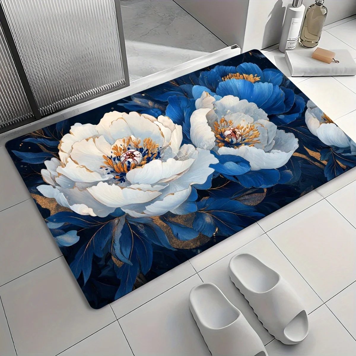 

1pc Blue and white peony floral pattern floor mat, polyester fabric, machine washable, suitable for bathroom and living room