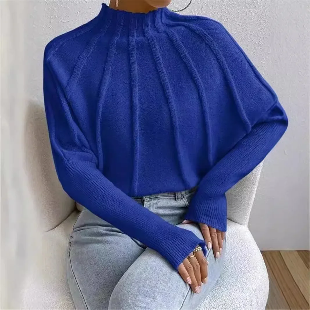 2024 European and American New Women's Half-High Neck Solid Color Versatile Knitted Pullover Bat Sleeve Sweater