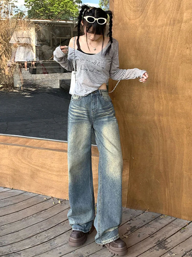 French Style High Quality Bleached Washed Jeans Women Sexy High Waist Wide Leg Pants Winter Design Casual Cozy Denim Trousers