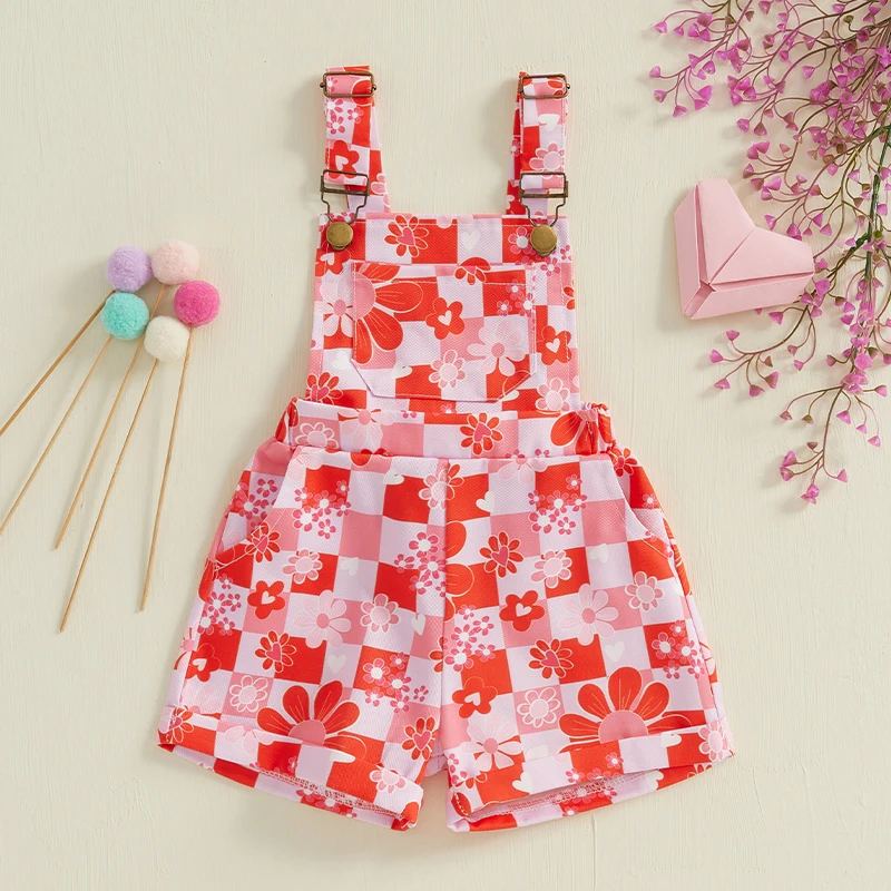 FOCUSNORM 0-6Y Little Kids Girls Overalls Shorts 2 Colors Sleeveless Square Neck Floral Print Suspender Romper Toddler Jumpsuit