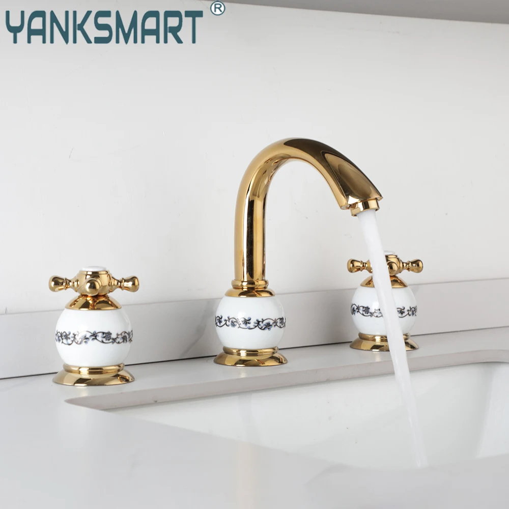 

YANKSMART 3 PCS Gold Bathroom Faucet With Ceramic Handles Deck Mounted Basin Faucets Sink Mixer Water Tap Bathtub Torneira