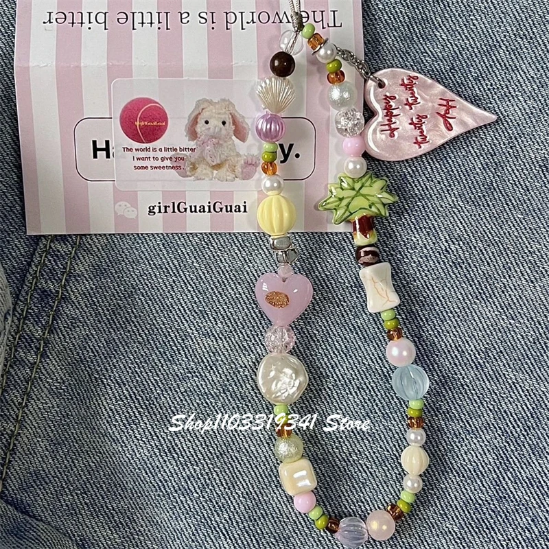 

INS Cute Love Heart Coconut Tree Beaded Phone Charm Chain For Phone Case Phone Strap Accessories Anti-Lost Keychain Lanyard Gift