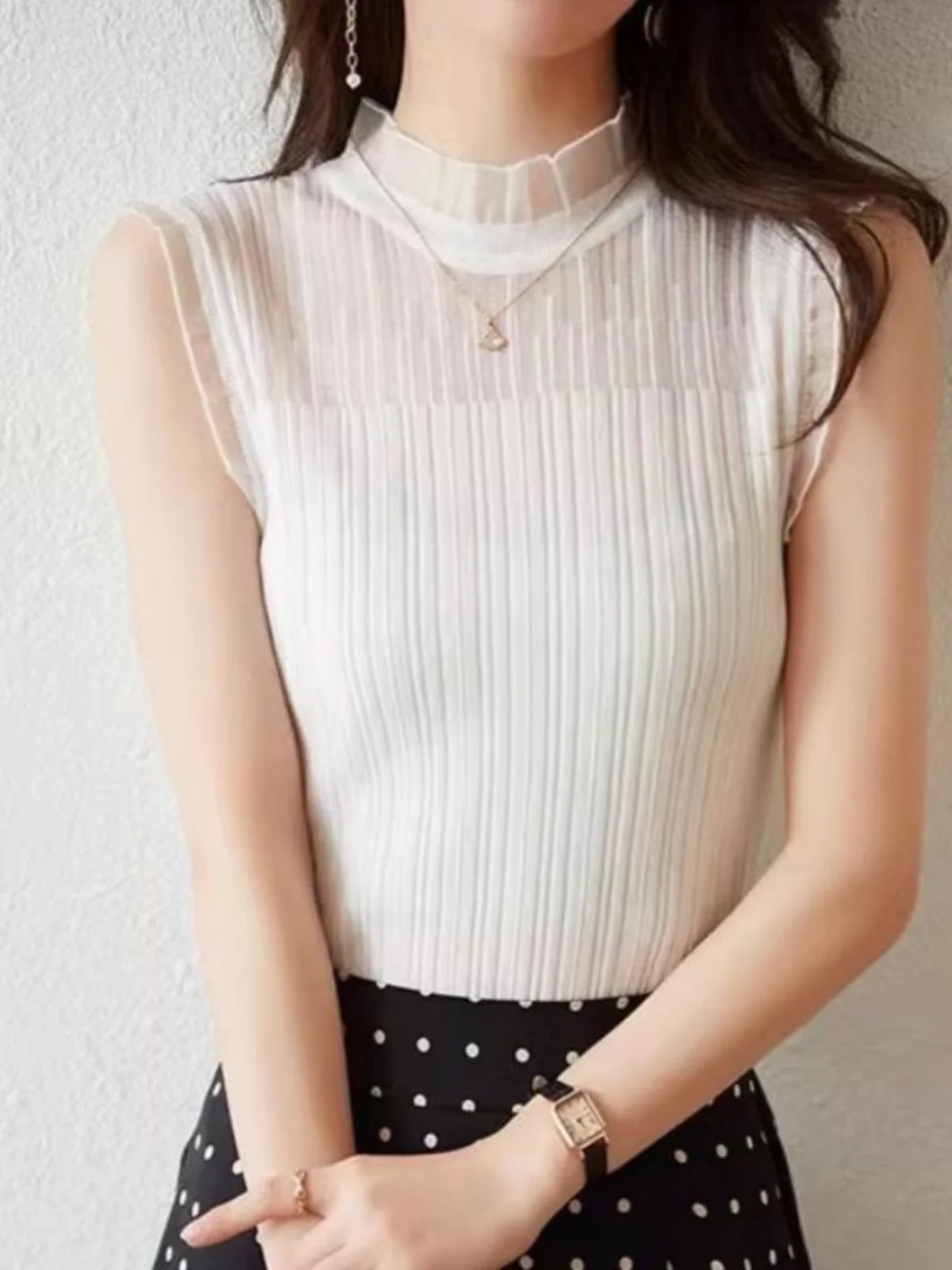 White Lace Knitted Base Shirt Sleeveless Strap Vest Women Half High Collar Inner Match Suit Regular Thickness Pure Color