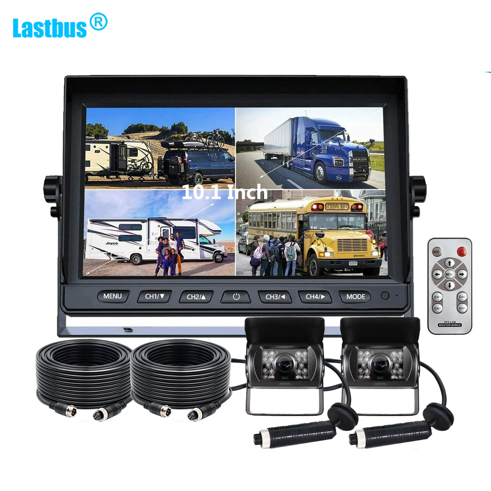 

Lastbus 10.1" Monitor Split Quad Screen 12-24v 4PIN Rear View Reverse Cameras 18 IR LEDs Kit For Truck Bus Trailer Caravan