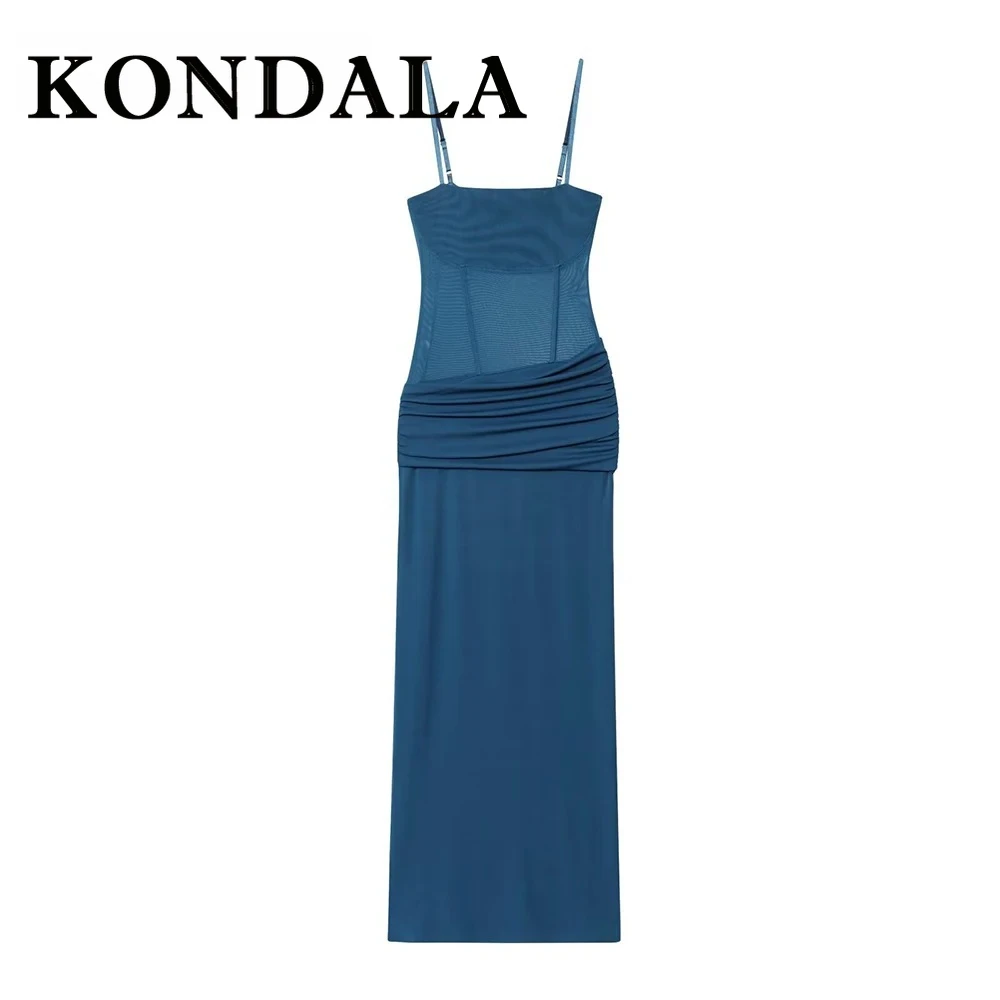 KONDALA Chic verano Sexy elegante vaina plisado vestido de mujer Patchwork Cami vestido largo moda 2025 Vestidos de fiesta nocturna de cumpleaños