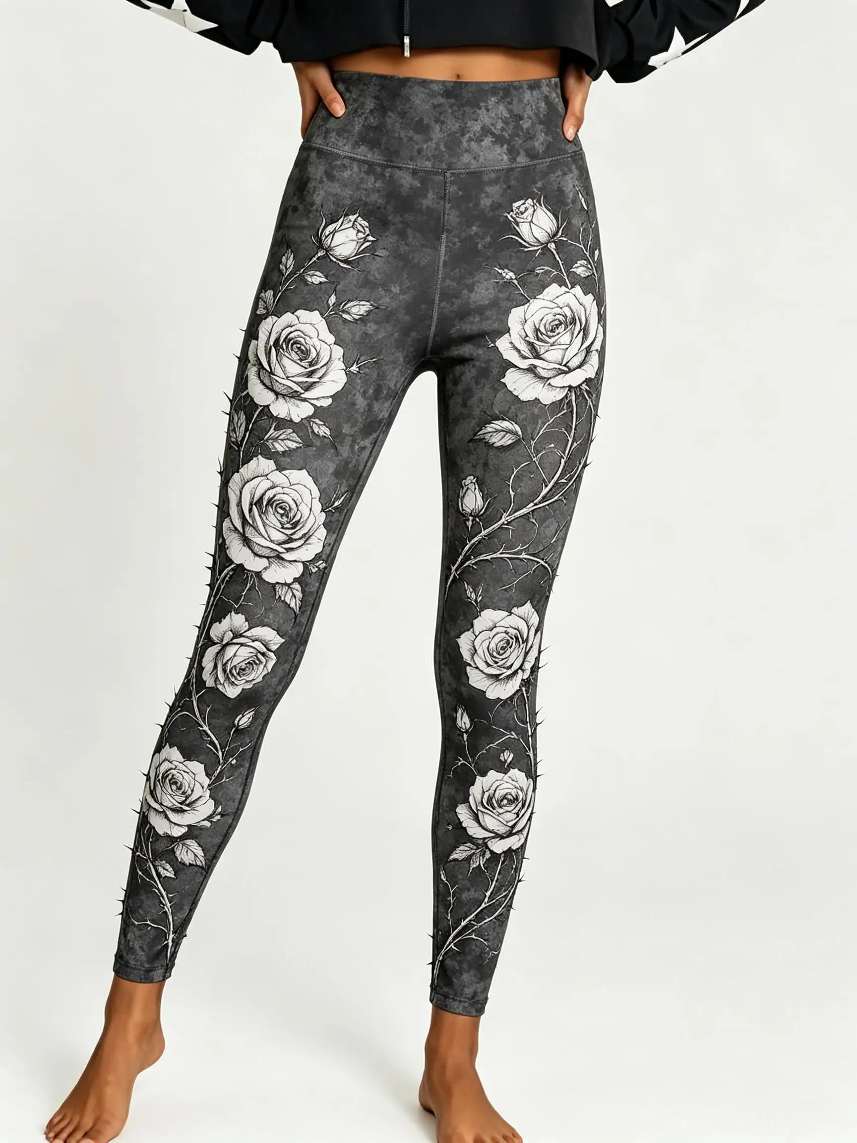 Women Halloween Fleece Mid‑Rise Leggings Red Rose Thorn Floral Full Print Stretch Slim Pants - view 3