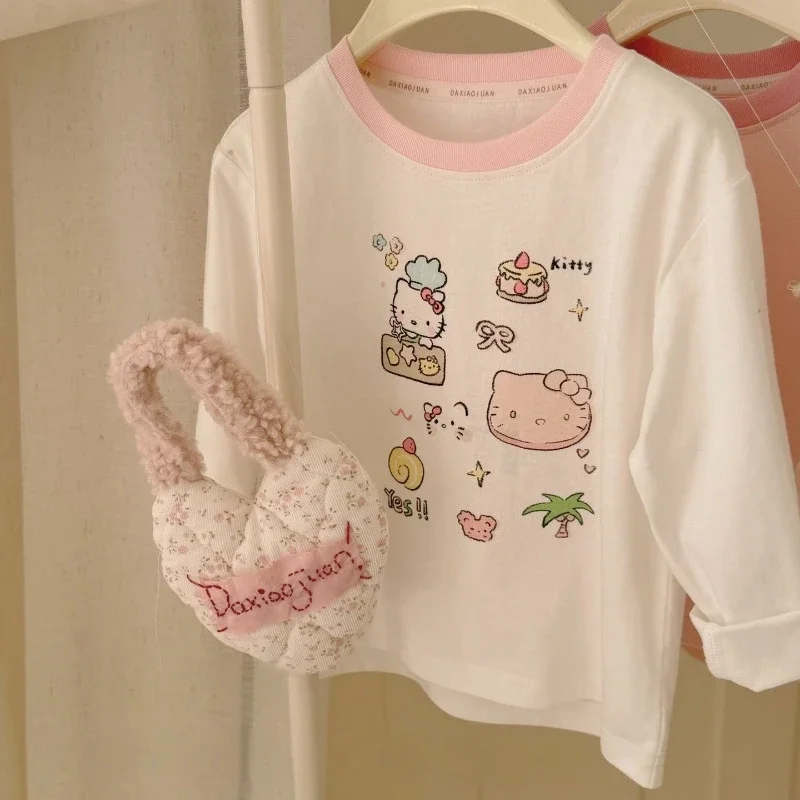 Korea Kids Clothes Baby Girls Hello Kitty Long Sleeve T-shirt Cute Cartoon Happy Birthday Little Bear 100% Cotton Casual T-shirt