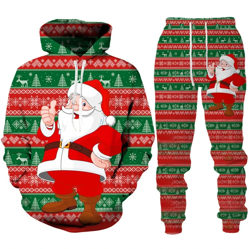 Christmas Santa Claus 3D Print Man Woman Hoodie + Pants 2pcs Sets New Year Holiday Party Boys Girs Kids Pullover Tracksuit Set