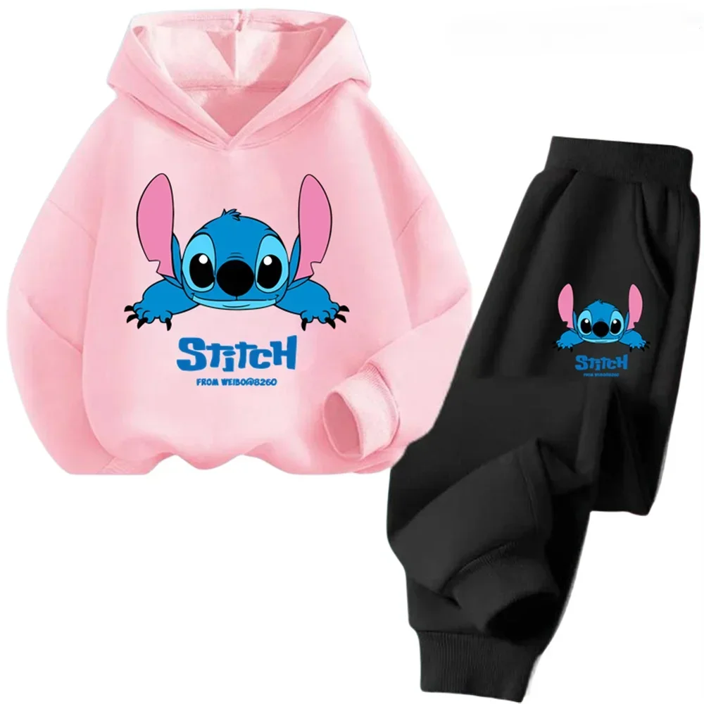 2024 Disney Stitch Cartoon Children Hoodie + Pants 2pcs Set Spring Autumn Fashion Clothing Boys Girls Sweatshirt Kid Sportsuit