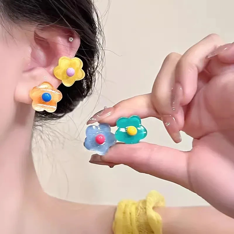 Pendientes de Clip con Flores Coloridas de Moda Coreana para Mujer, Dulces Aretes de Oreja, Joyería de Verano con Temperamento, Regalo, Accesorios Y2K para Fiesta