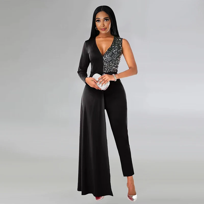 

Sexy V-neck Single Shoulder Casual Sequin patchwork Jumpsuit Personalized High Waist Tight Fitting Party Women's Clothing