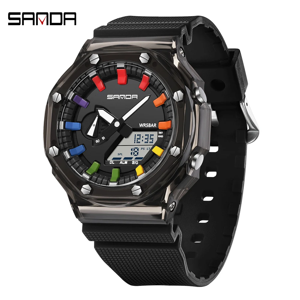 SANDA Dual Display Watch for Men Fashion Military Sport Men\'s Quartz Wristwatches Top Brand Luxury Waterproof Digital Watch Man