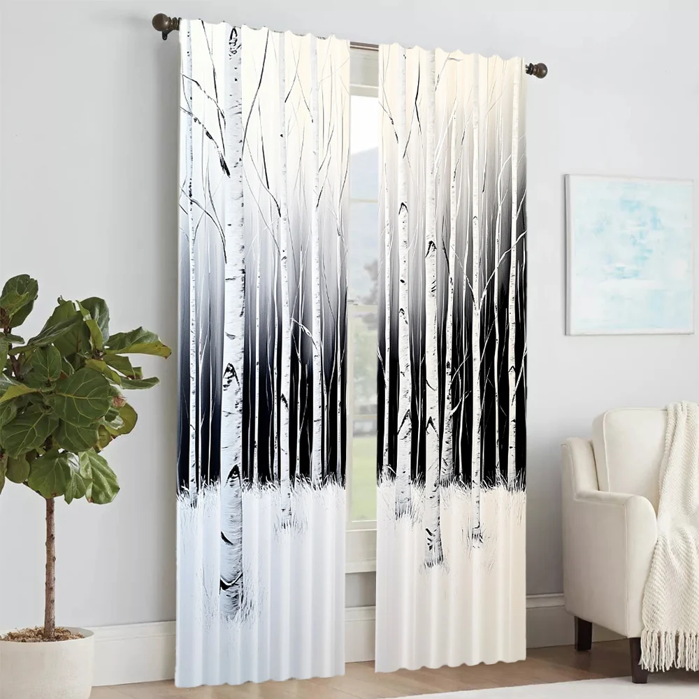 2Pcs Birch Forest Print Window Curtains Rod Pocket Design For Easy Hanging Perfect For Bedroom Living Room Office And Home