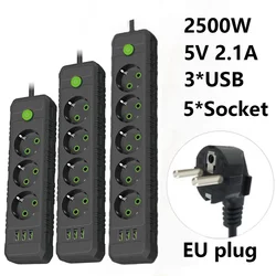 Regleta con enchufe europeo, toma de corriente 3/4/5 CA, enchufes múltiples, cable de extensión de 2m, toma de corriente con 3 puertos USB, filtro de red de 2500W