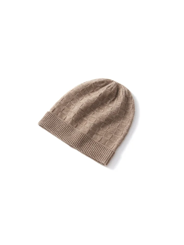 Women Check Texture Wool Cashmere Knitted Beanies 2023 Solid Winter Big Caps Men Rib Hem Hat Soft Hat Unisex Warm Grid Bonnet