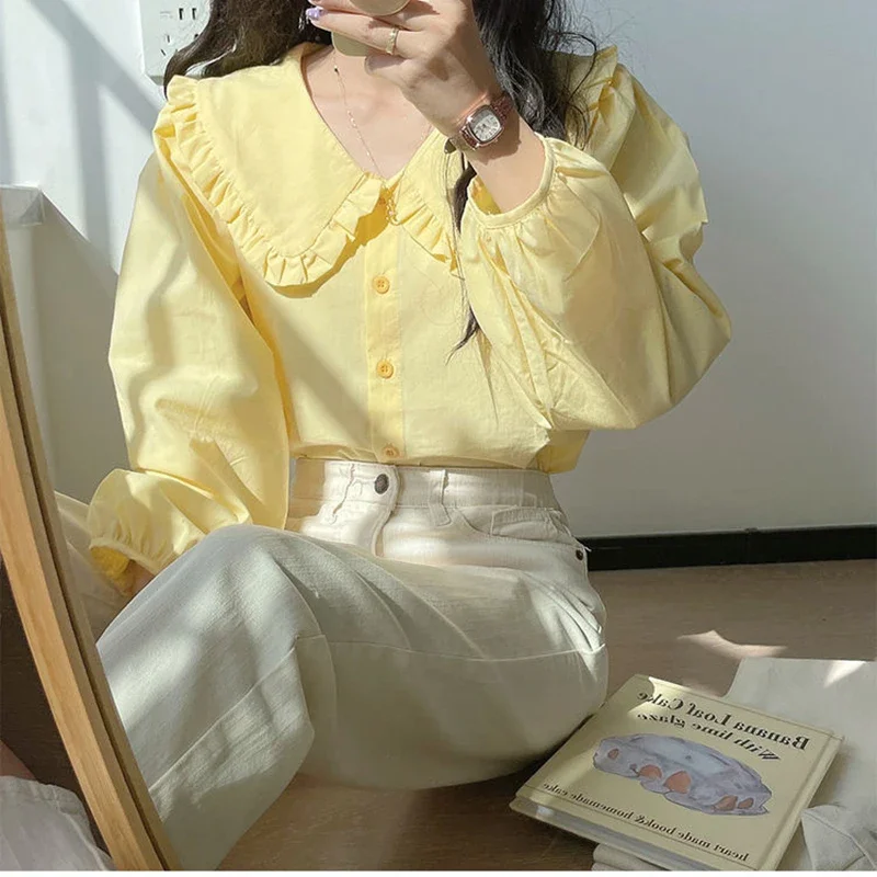 

Sweet Peter Pan Collar Shirt Women Vintage Long Sleeve Blouse Female Preppy Style Yellow Blue Loose Buttons Youth Tops 2023 \p[