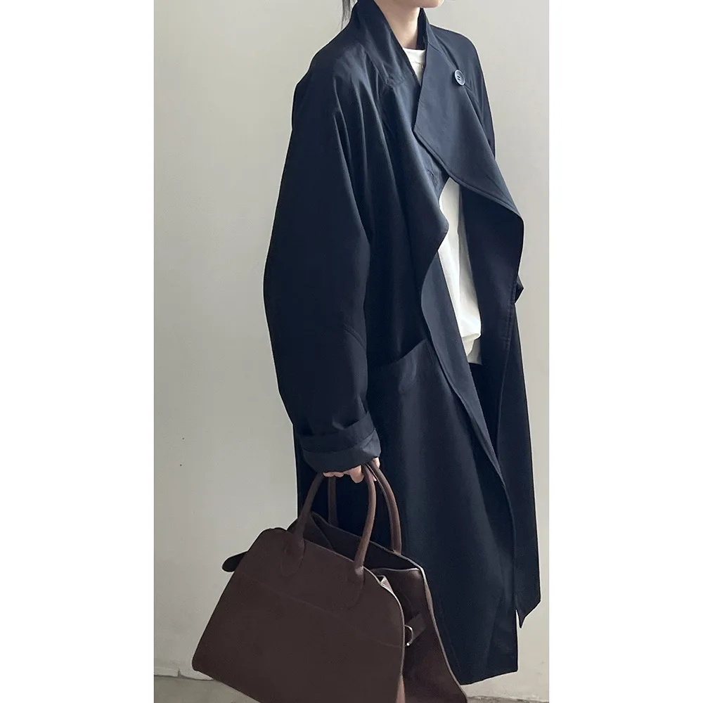 Trench coat longo com gola virada para baixo e botão único para mulheres outono casaco solto