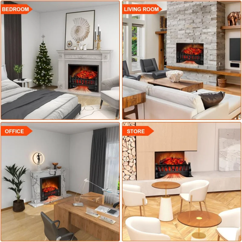 Electric Fireplace Logs Inserts Heater with Infrared Remote Controller 5 Flame Brightness 24 H Timer Overheating Protection
