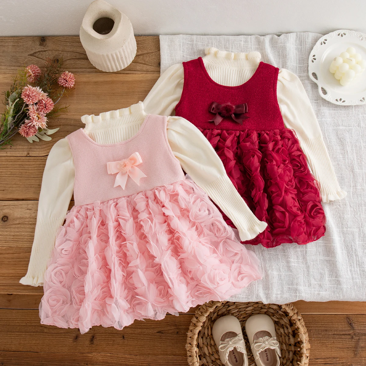 2pc Autumn/Winter Baby Girl Pullover+Vest Dress Set Comfortable Base Shirt Sweet Mesh Princess Dress Christmas Party Dress Set