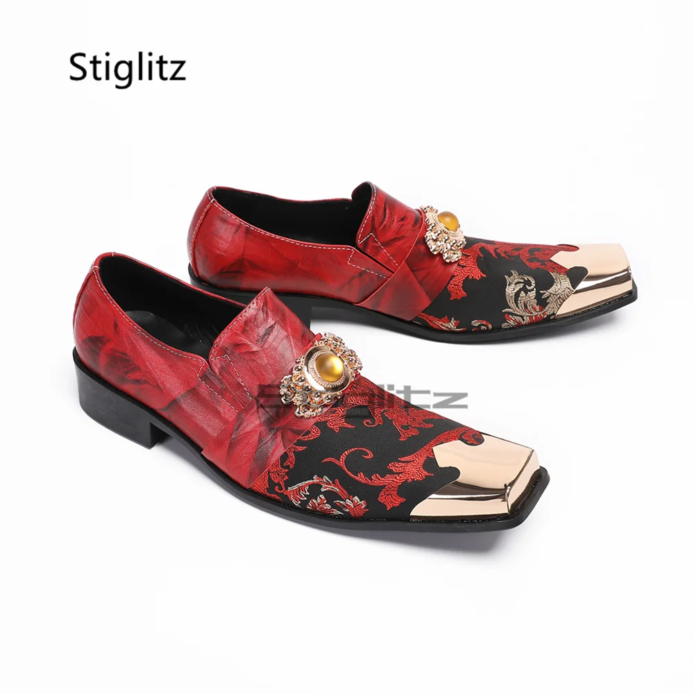 

Square Toe Red Embroidery Dress Shoes for Men Pearl Strap Metal Toe Casual Business Shoes Luxury Wedding Shoes Bridegroom