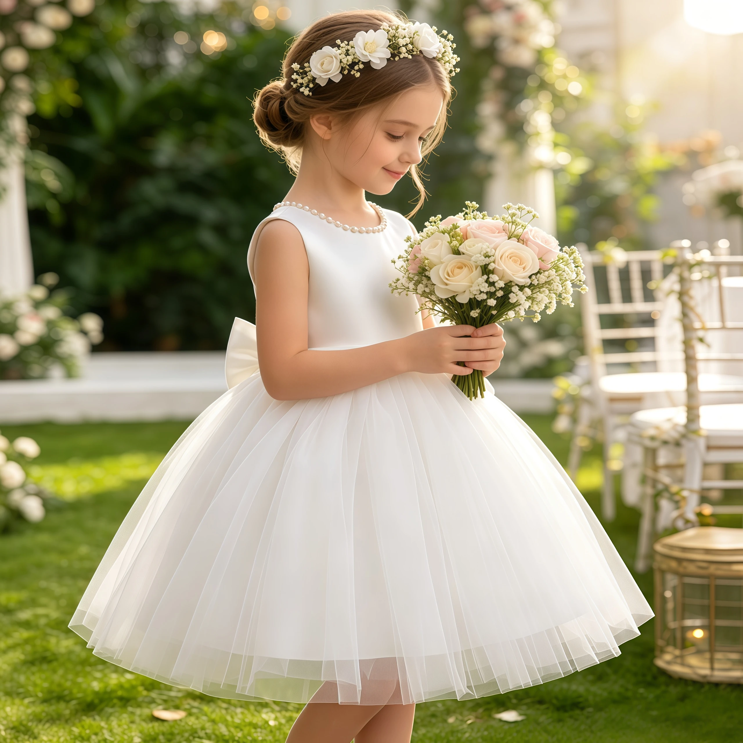 Girls Elegant White Communion Party Dress For Toddler Kids Wedding Birthday Graduation Sleeveless Beading Princess Tulle Dress