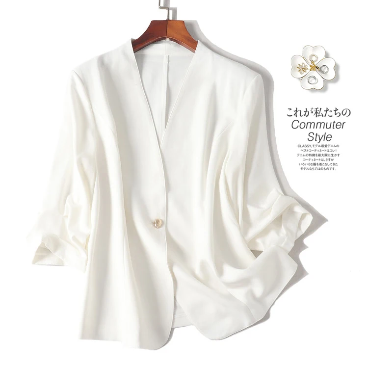Summer Thin V-neck Seven-quarter Sleeve Pure Color Women's Suit Jacket Commute Style One-button Short Coat Business Outerwear