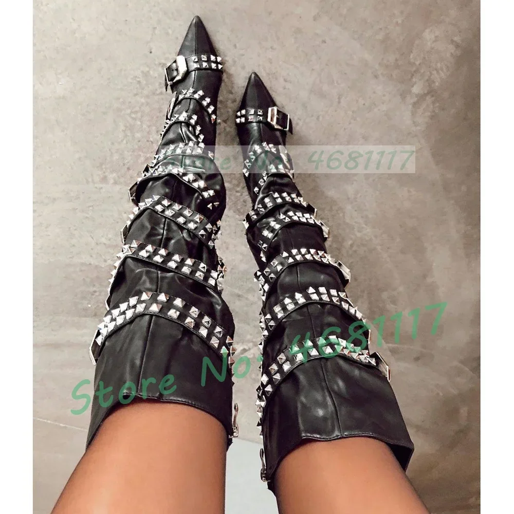

Черные сапоги выше колена с шипами и пряжками, женские пикантные высокие сапоги с острым носком и заклепками, женская уличная обувь с несколькими ремнями