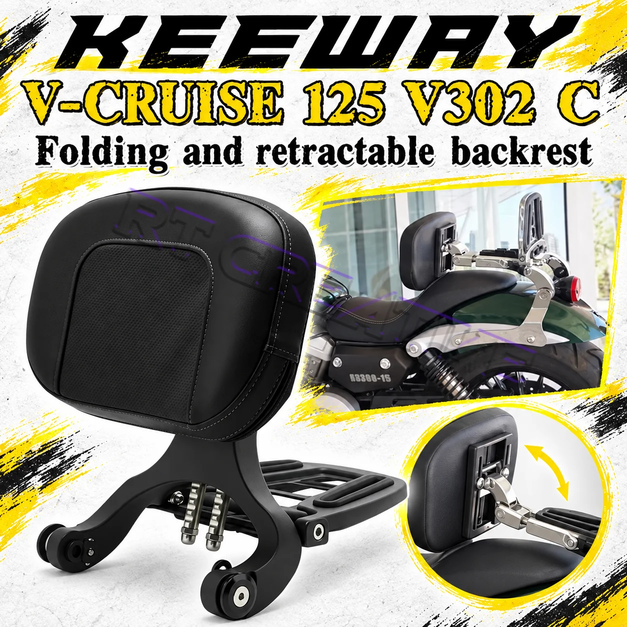 Modified Rear Telescopic Folding Backrest With Padding Cushion For Keeway V302C V Cruise125