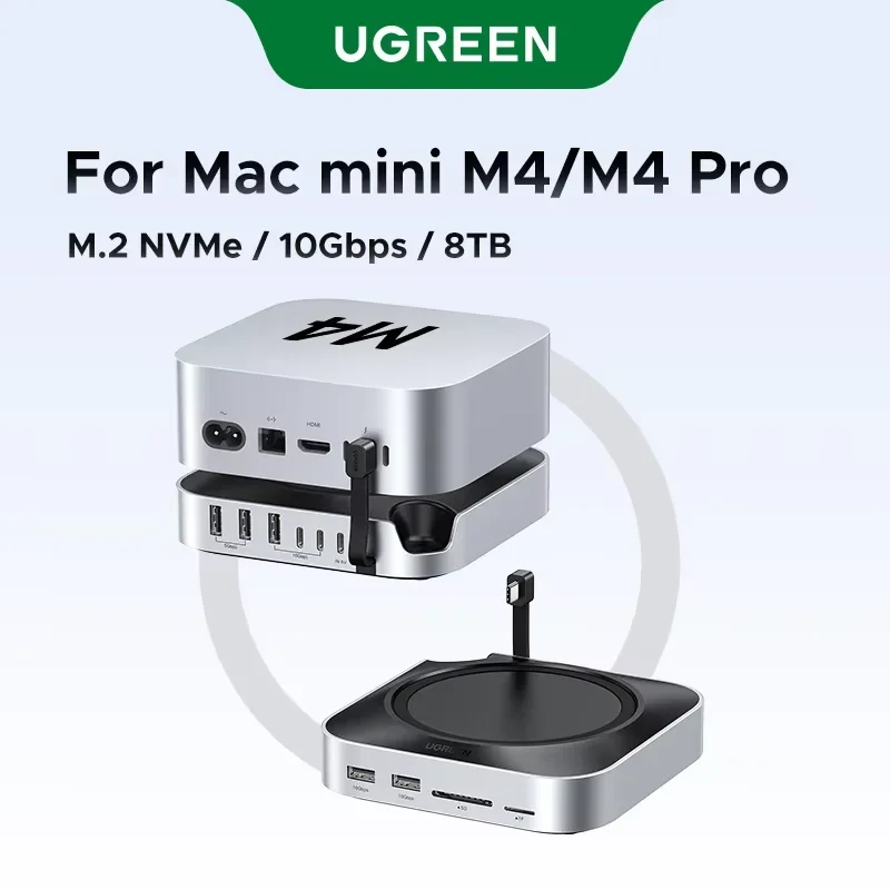 

UGREEN для Mac Mini M4/M4 Pro USB-концентратор Док-станция M.2 NVMe SSD 8 ТБ Макс. 10 Гбит/с 170 МБ/с USB-разветвитель Док-станция USB-A&C Порты SD&TF