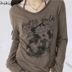 2023 Shirts for Women Vintage Solid Color Tshirts V-neck Long Sleeve Tees Oversized Tops Casual Fashion Y2k T-shirt Ropa Mujer