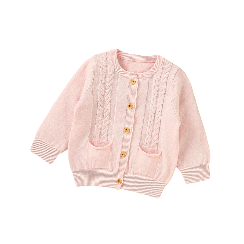 Single-Breasted Symmetrical Pocket O-neck Long Sleeve Baby Girls Cardigan Knitted Cotton Fried Dough Twists Type Babies Coat