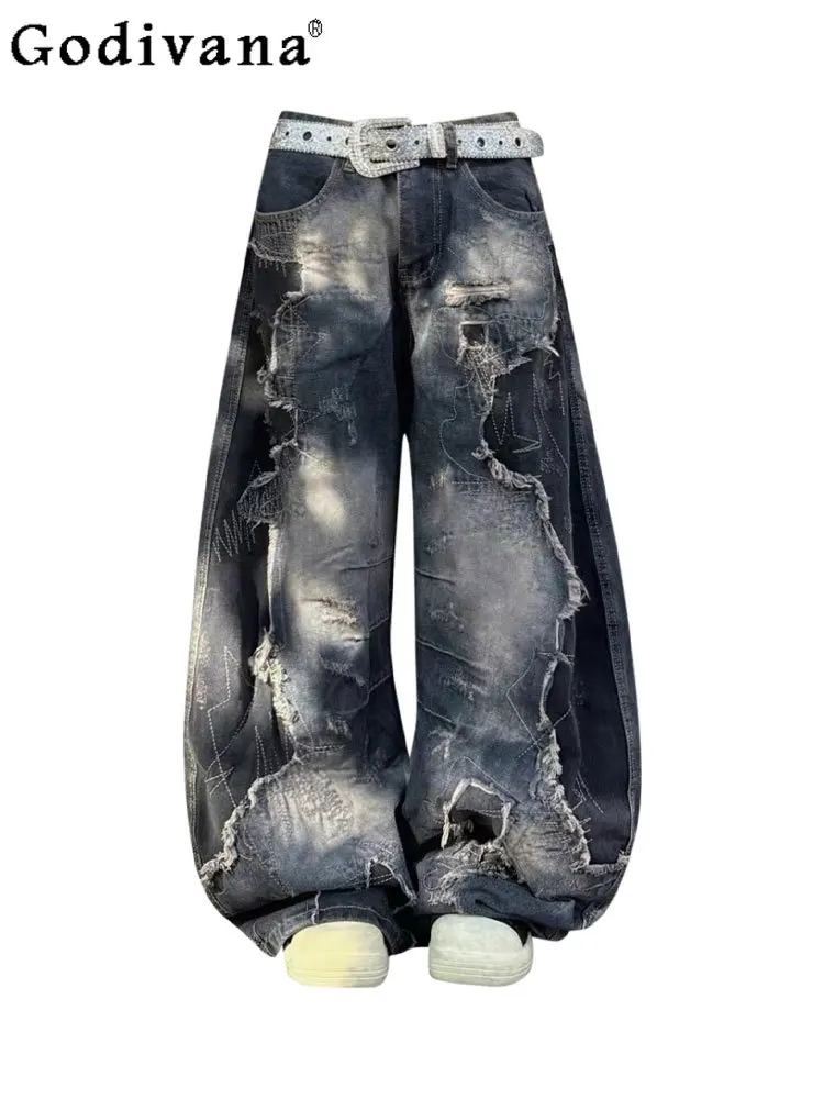 

Punk Large Size American Street Heavy Industry Jeans Women's Spring Autumn Loose Black Gray Versatile Fashion Wide-leg Trousers