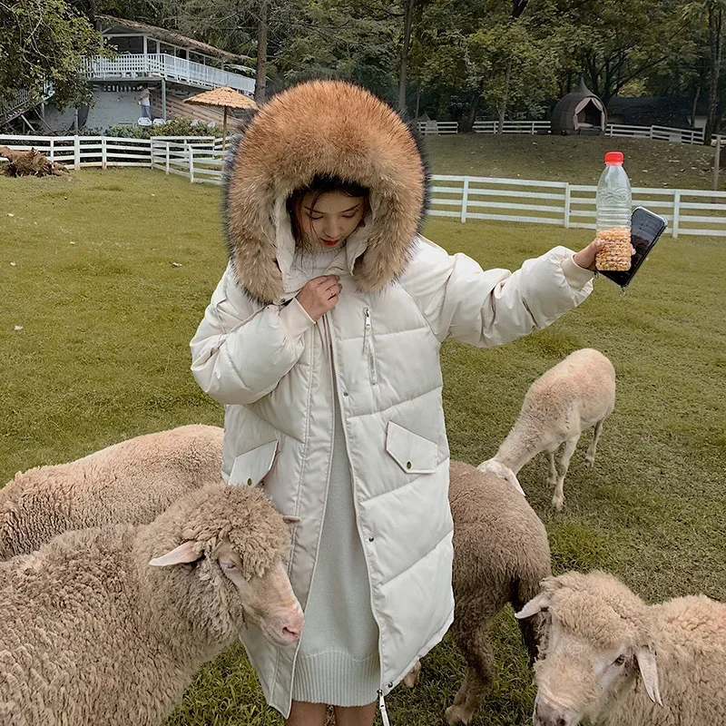 Winter Faux Fur Collar Long Hooded Parka Women 95kg Loose Warm Cotton Jackets Korean Fashion Snow Wear Padded Quilted Overcoats