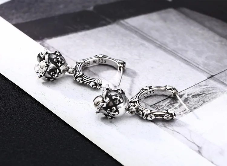 Wholesale s925 pure silver ear studs, men's and women's cross bells, Thai silver retro vintage vintage rock style personalized e