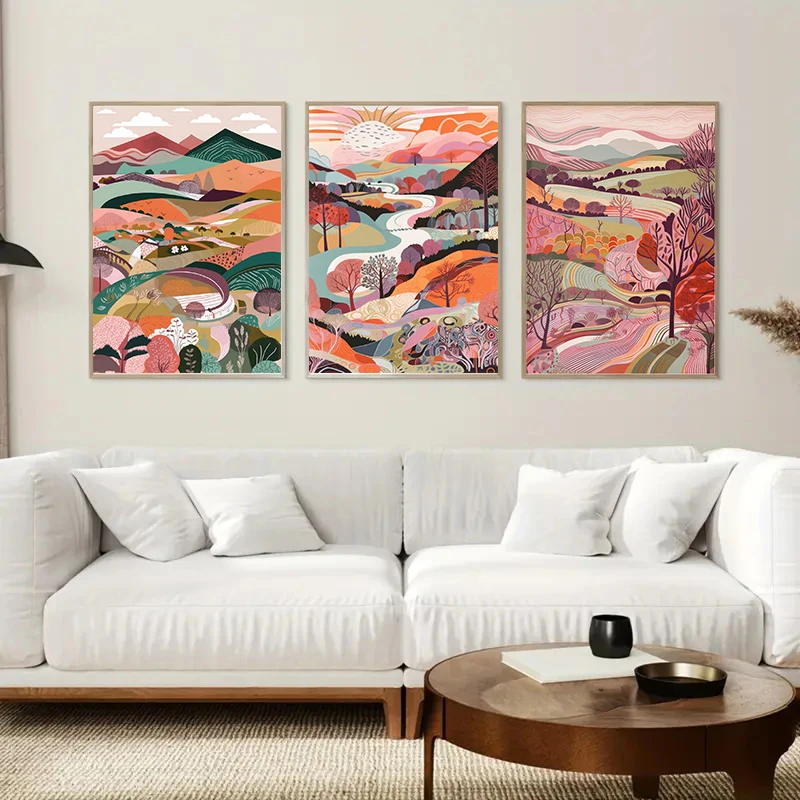 Pink Landscape Illustrations Canvas Print Posters Three Abstract Prints Wall Art Posters Wales Art Painting Living Room Decor